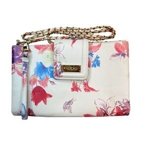 Bebe Melissa Floral Crossbody Bag White Gold Chain Strap Wristlet Clutch